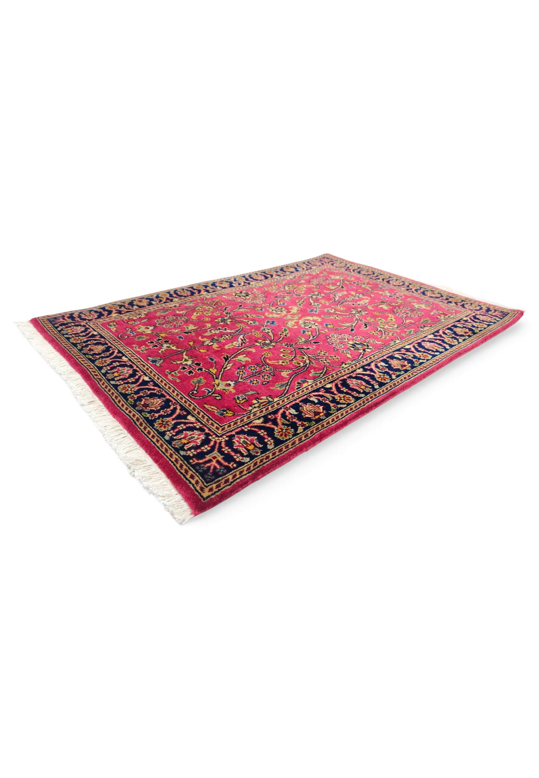 Crimson and Indigo Sarouk Floral, Hand-Knotted Wool Rug