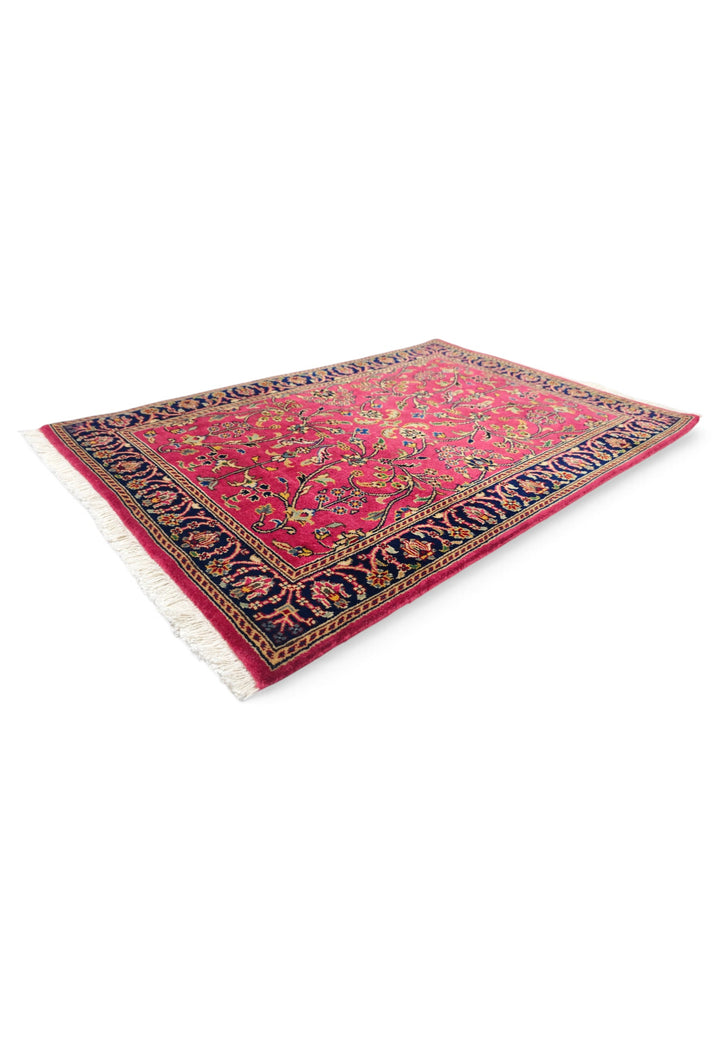 Crimson and Indigo Sarouk Floral, Hand-Knotted Wool Rug