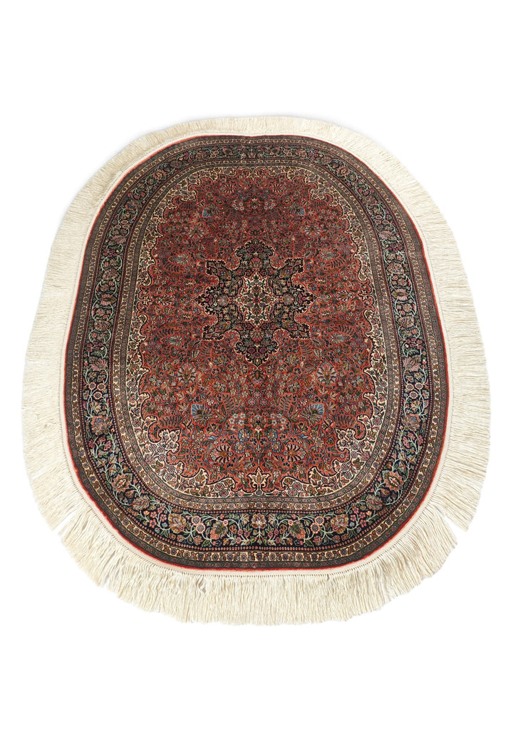 Brick Red and Black Oval Medallion, Hand-Knotted Silk Rug