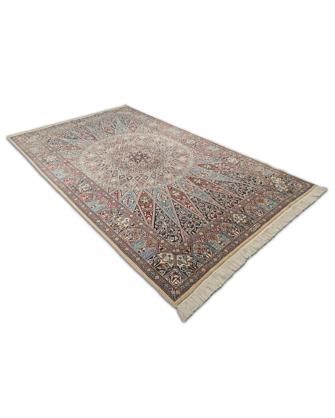 Ivory and Blue Gonbad Dome Persian Nain, Hand-Knotted Wool Rug