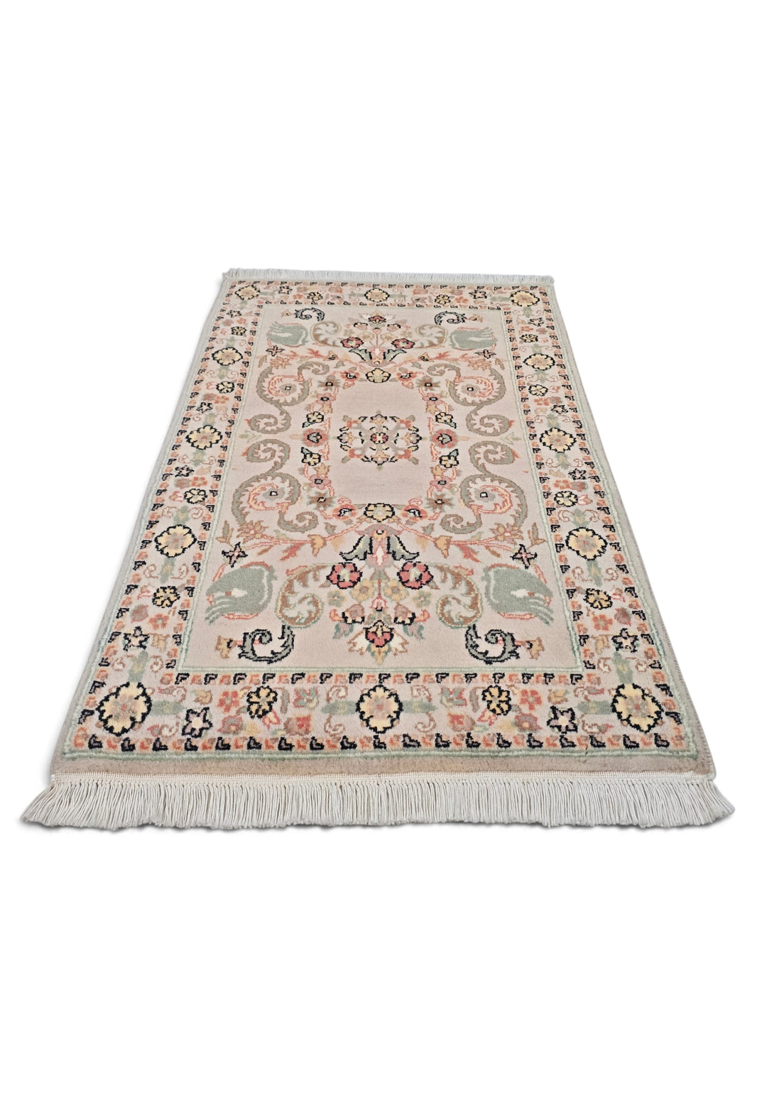 Blush and Sage Scrolling Leaf Medallion, Hand-Knotted Wool Rug