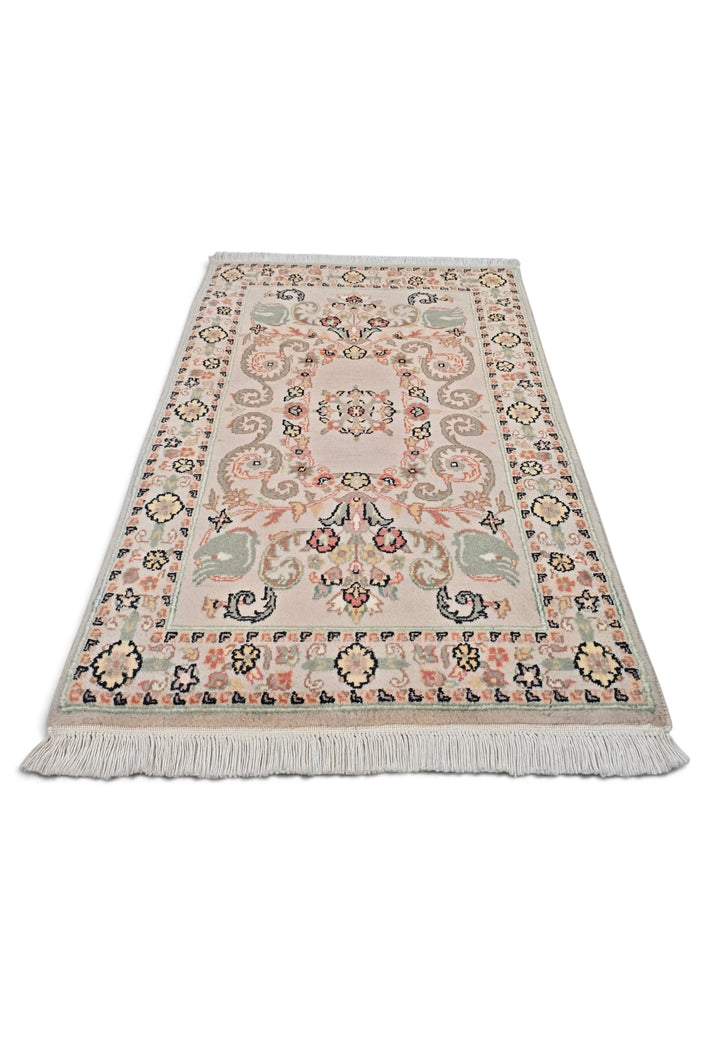 Blush and Sage Scrolling Leaf Medallion, Hand-Knotted Wool Rug