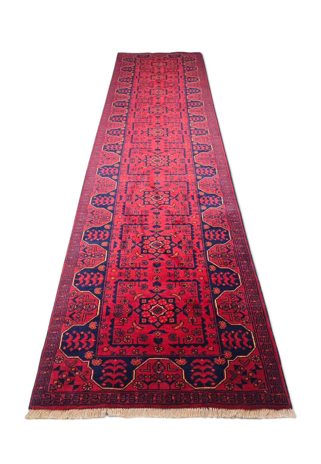 Cherry Red and Navy Khan Muhammadi Runner, Hand-Knotted Wool