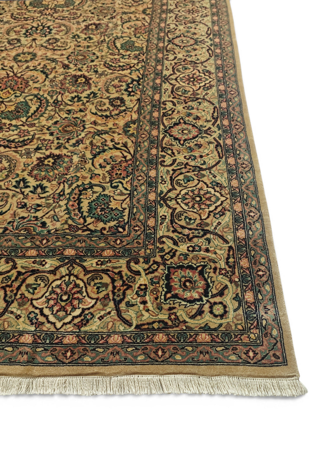 Gold and Teal Floral Vine, Hand-Knotted Wool Rug
