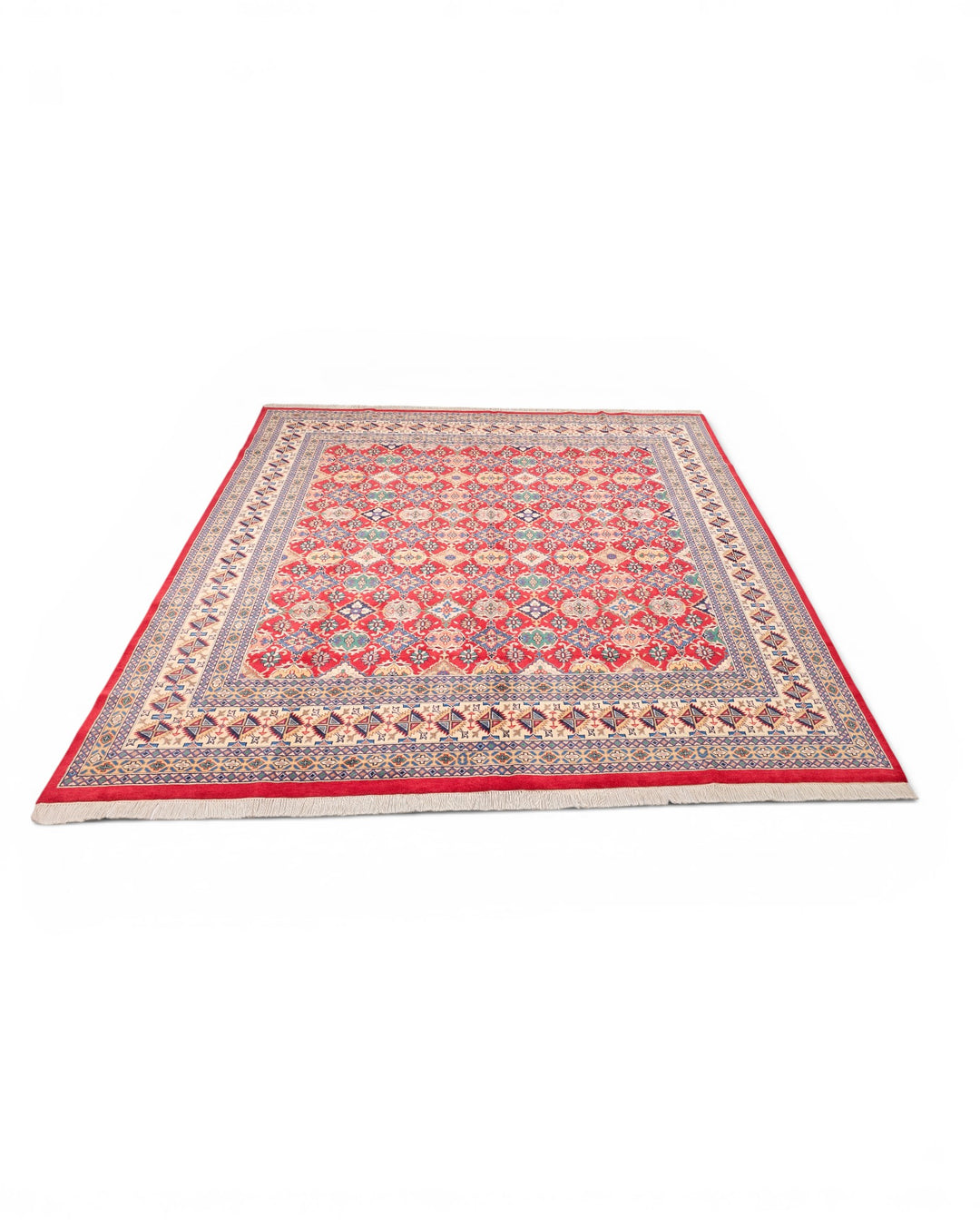 赤色多色格子柄ジャルダールスクエアラグ、手結びパキスタンウール＆シルク