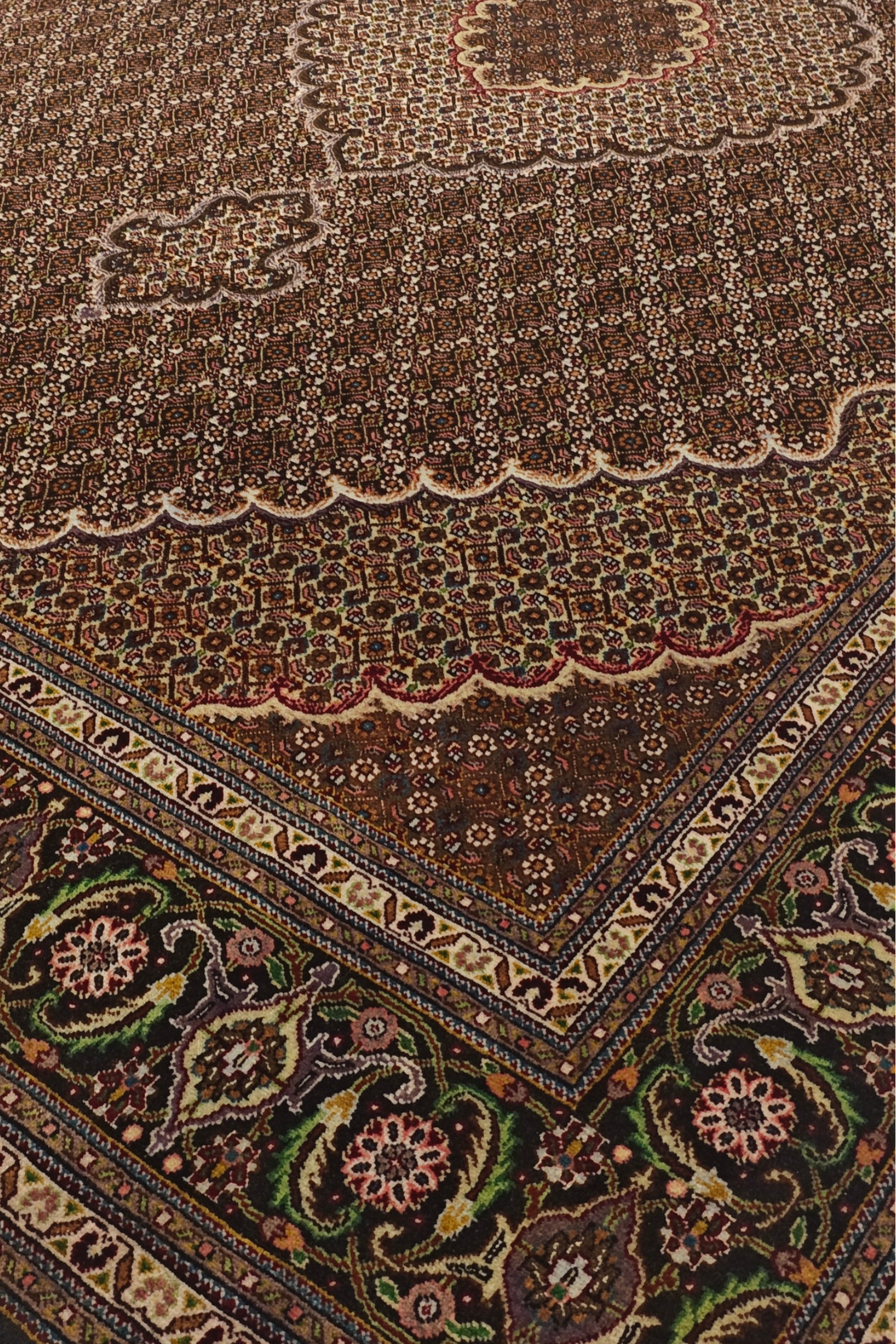 Brown Mahi Medallion Persian Tabriz, Hand-Knotted Wool Rug