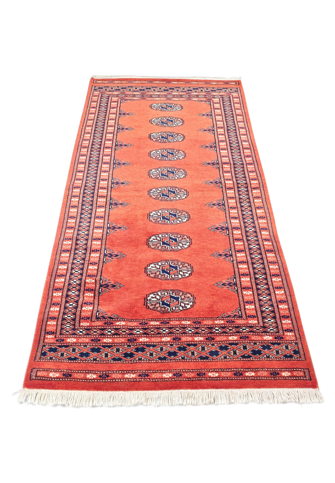 Coral Red and Indigo Turkmen Gül Bokhara, Hand-Knotted Wool Rug
