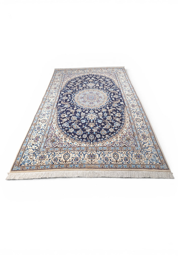 Navy &amp; Ivory Medallion Persian Nain, Hand-Knotted Wool Rug
