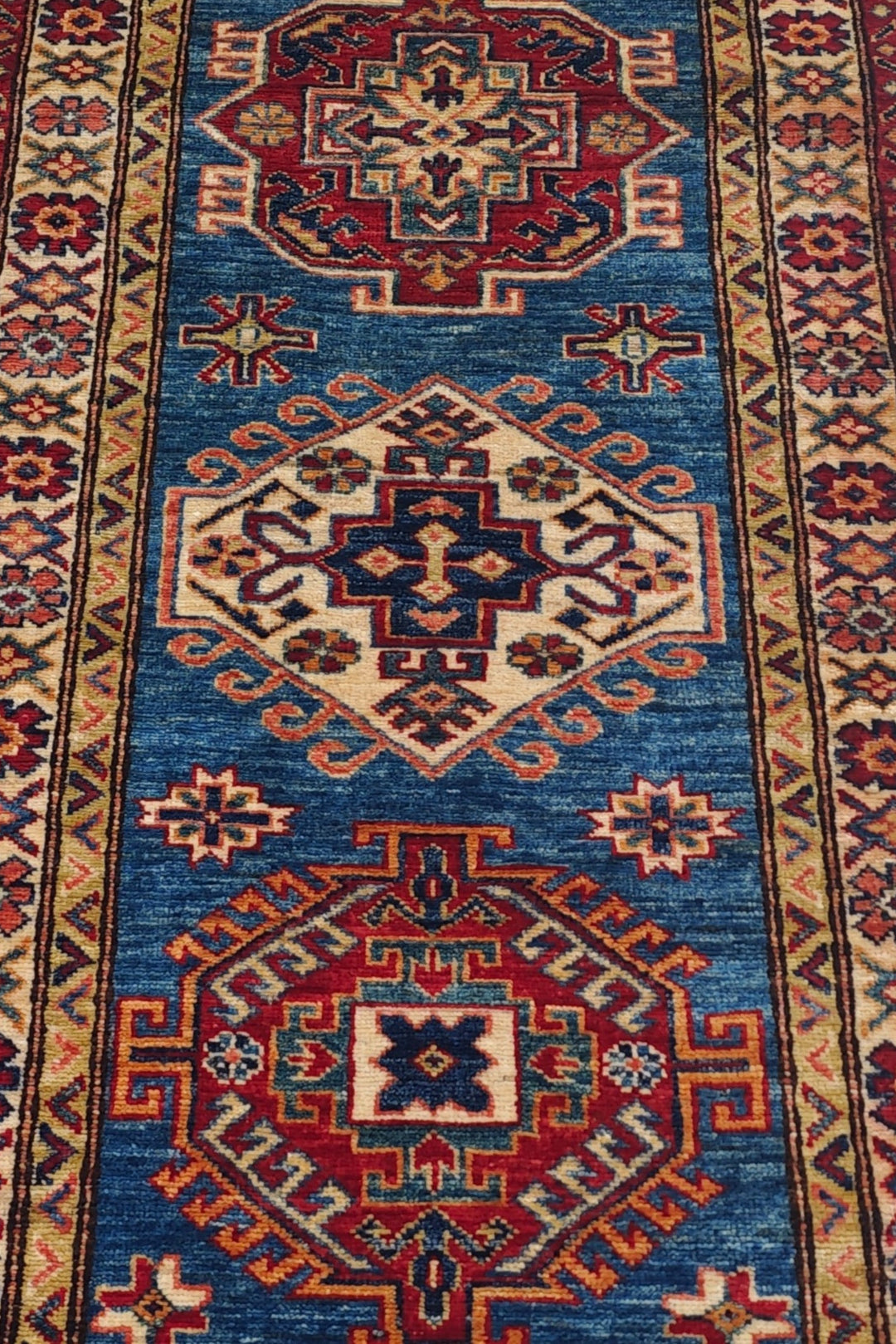 Teal Blue and Cream Hooked Medallion Kazak, Hand-Knotted Wool Rug
