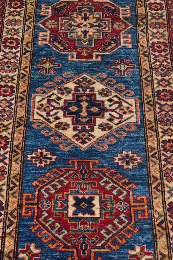 Teal Blue and Cream Hooked Medallion Kazak, Hand-Knotted Wool Rug