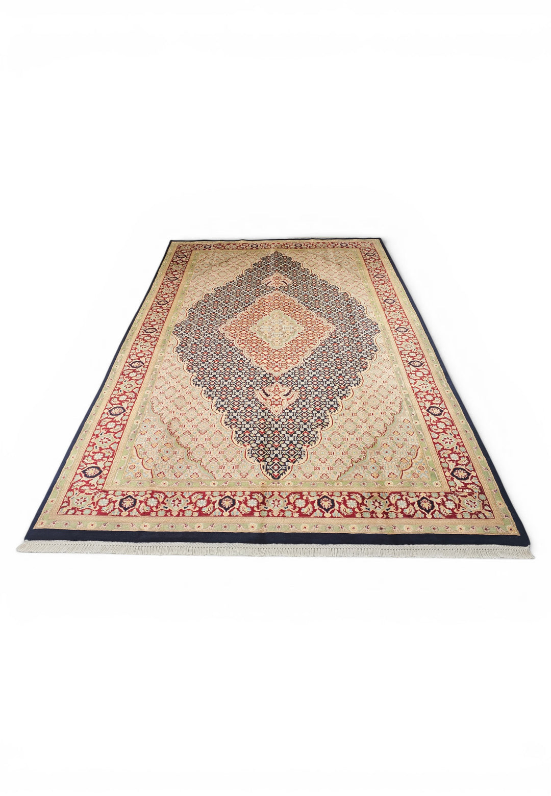 Navy and Cream Tabriz Mahi, Hand-Knotted Pakistani Wool and Silk Rug