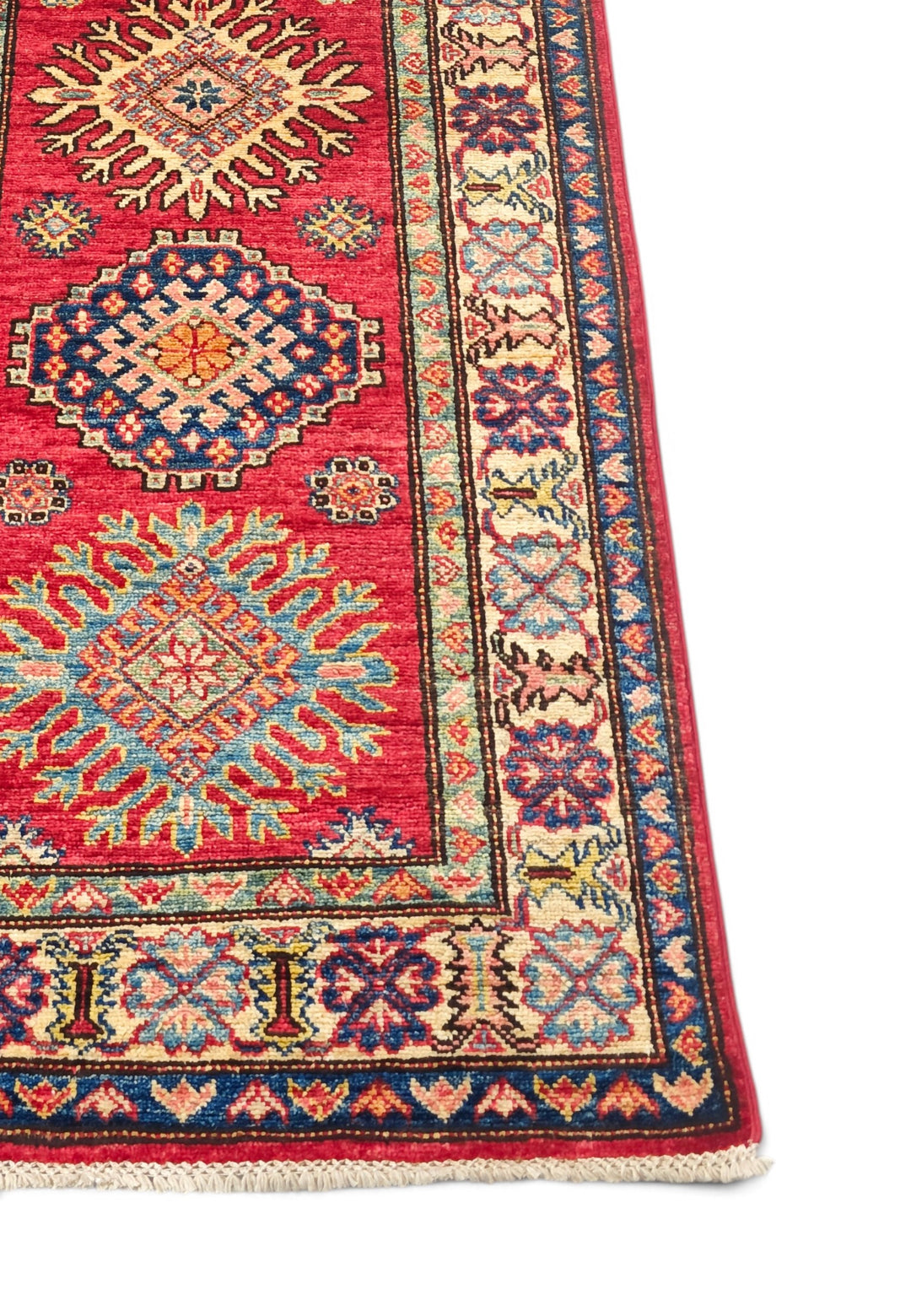 Cherry Red and Cream Starburst Medallion Kazak, Hand-Knotted Wool Rug