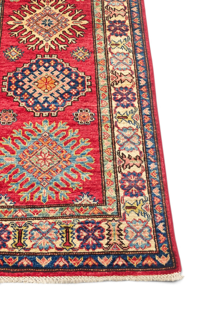 Cherry Red and Cream Starburst Medallion Kazak, Hand-Knotted Wool Rug