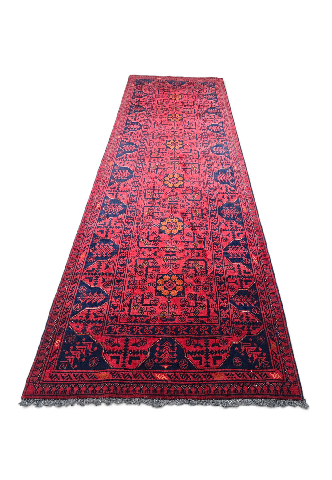 Raspberry Red and Navy Khan Muhammadi Runner, Hand-Knotted Wool