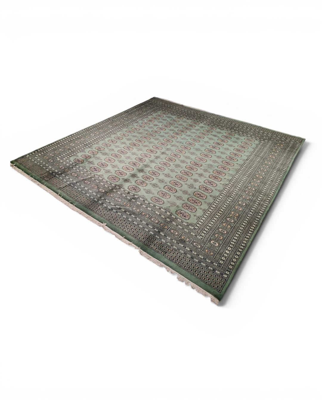 Sage Green Turkmen Gül Bokhara Square Rug, Hand-Knotted Pakistani Wool