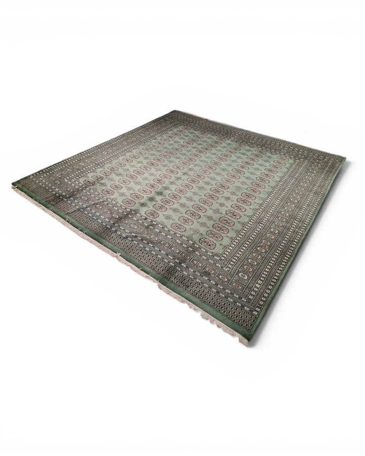 Sage Green Turkmen Gül Bokhara Square Rug, Hand-Knotted Pakistani Wool
