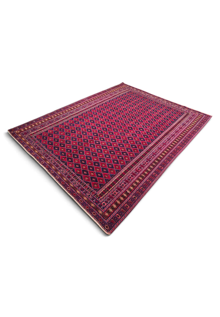 Crimson and Navy Diamond Lattice Kilim, Hand-Woven Wool