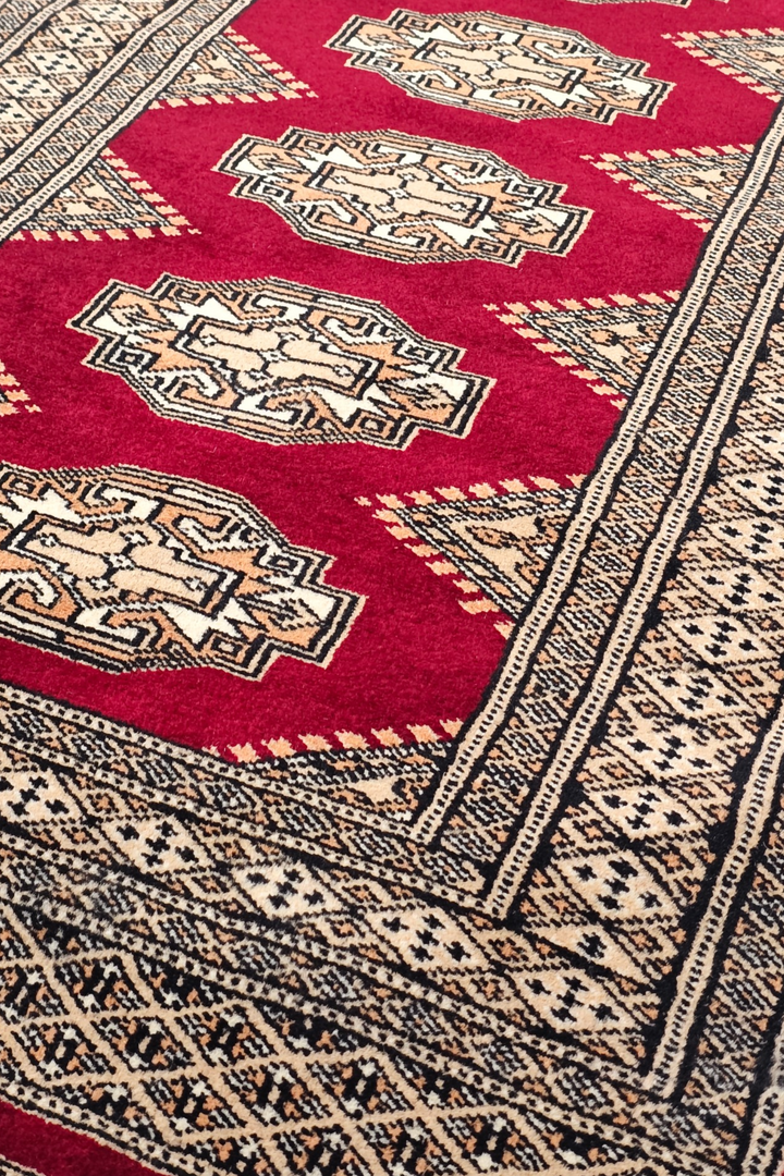 Wine Red and Beige Yamoud Rug, Hand-Knotted Wool