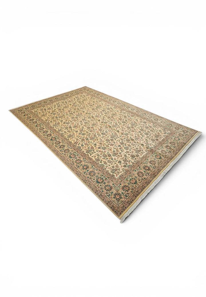 Cream and Green Floral Vine, Hand-Knotted Pakistani Wool Rug