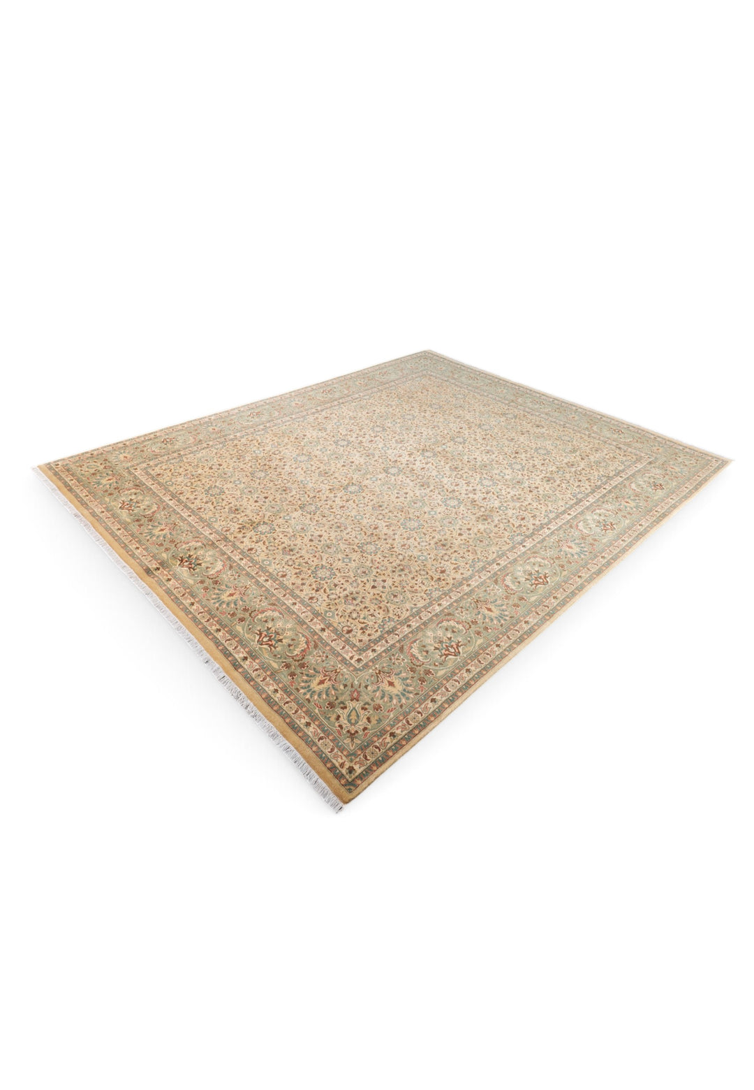 Wheat and Sage Hereke Floral, Hand-Knotted Wool Rug