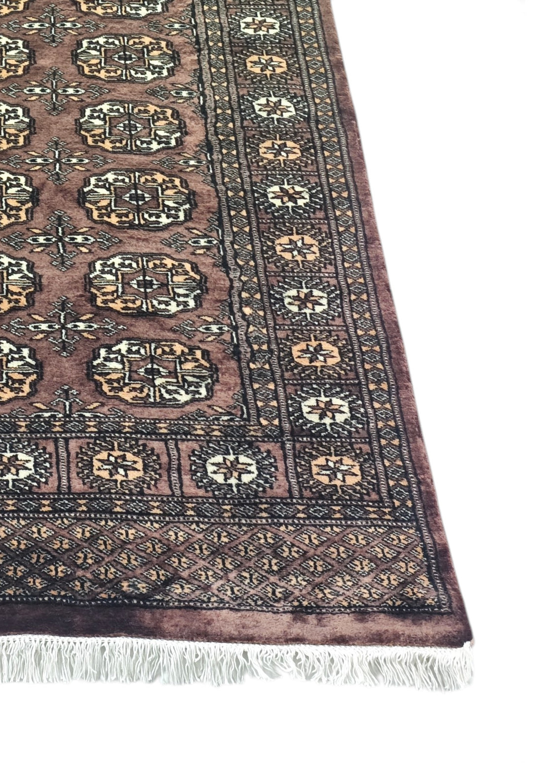 Taupe and Cream Turkmen Gül Bokhara, Hand-Knotted Wool Rug