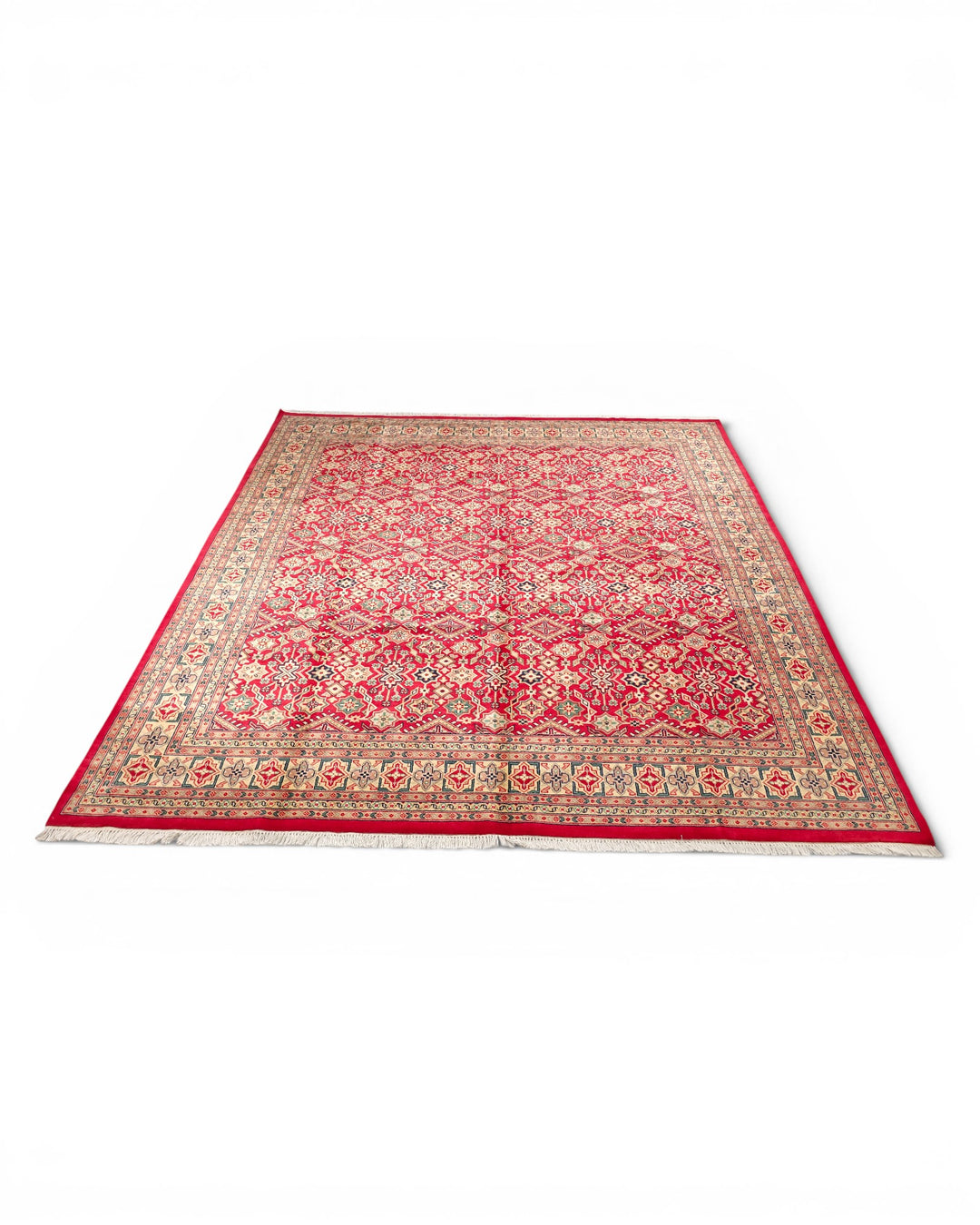 Red Polychrome Lattice Jaldar Square Rug, Hand-Knotted Pakistani Wool