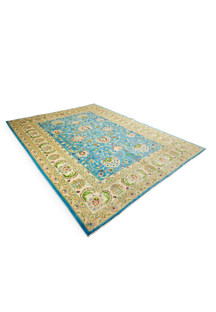 Turquoise and Cream Floral Ghazni, Hand-Knotted Wool Rug