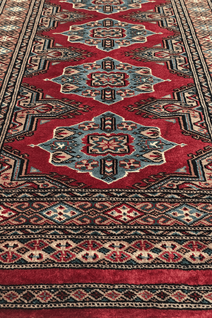 Crimson and Sea Green Jaldar Lozenge, Hand-Knotted Wool Rug