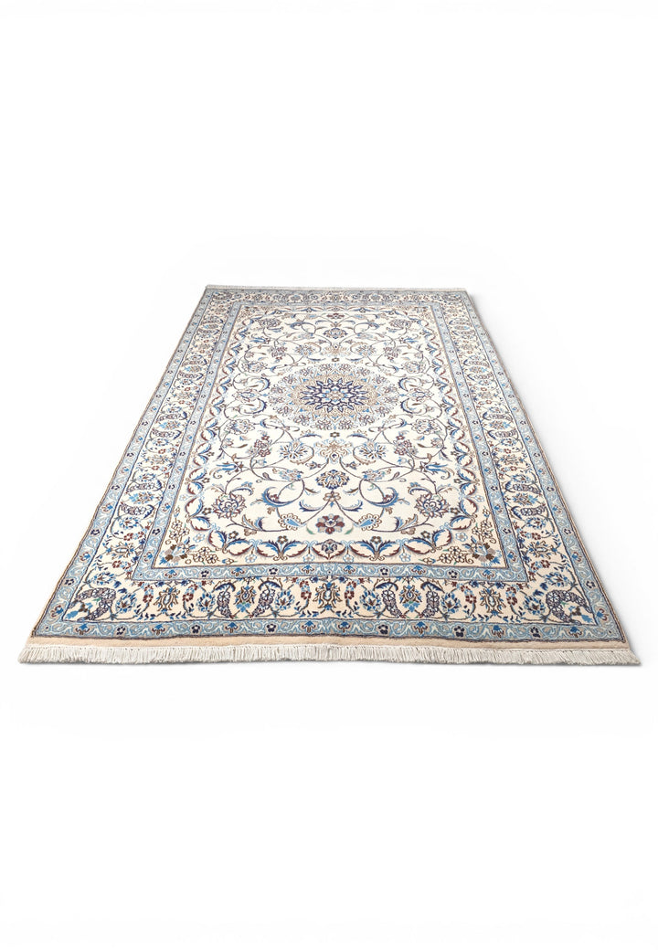 Ivory &amp; Blue Floral Persian Nain, Hand-Knotted Wool Rug