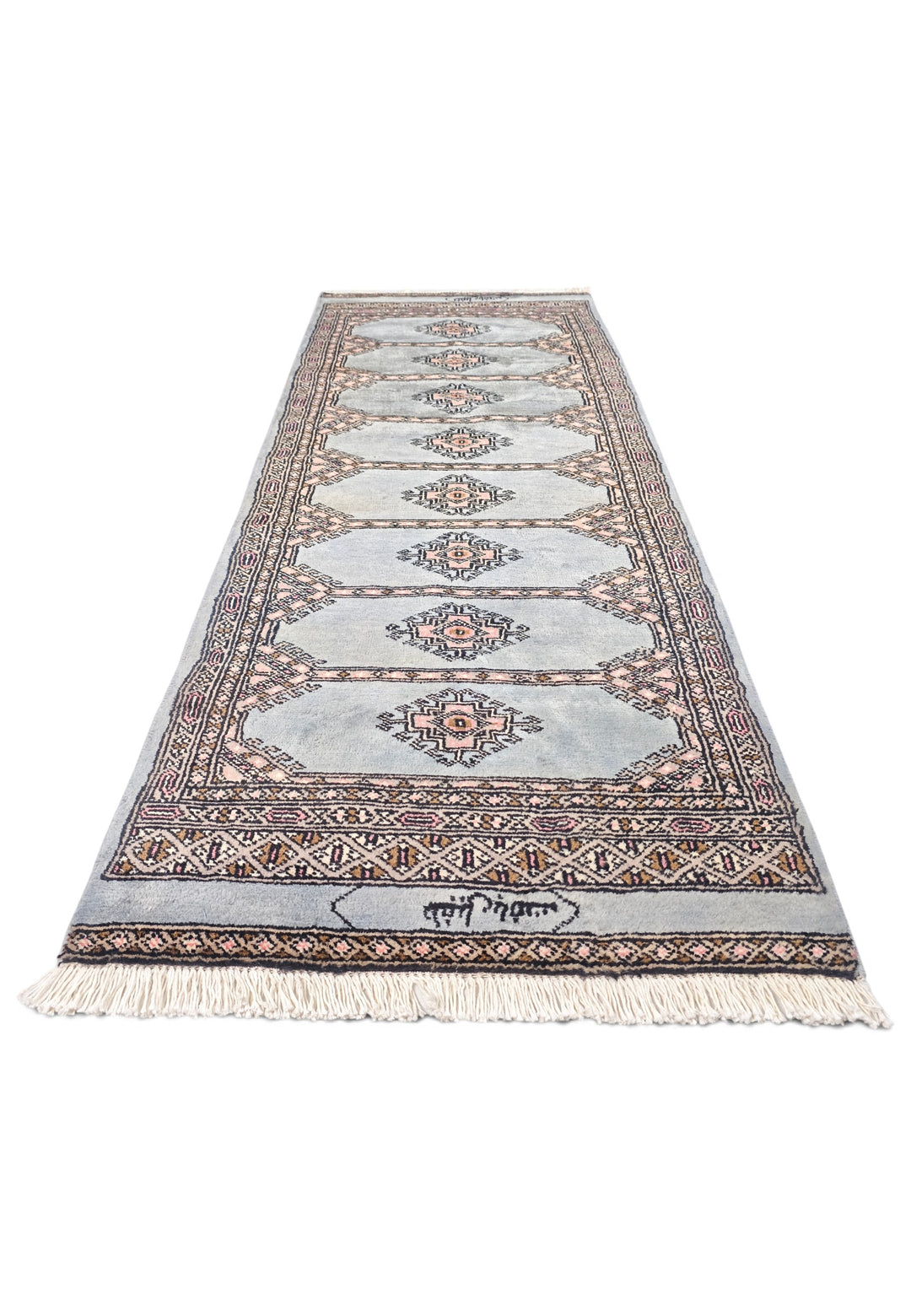 Dusty Blue and Peach Jaldar Diamond Medallion, Hand-Knotted Wool Rug