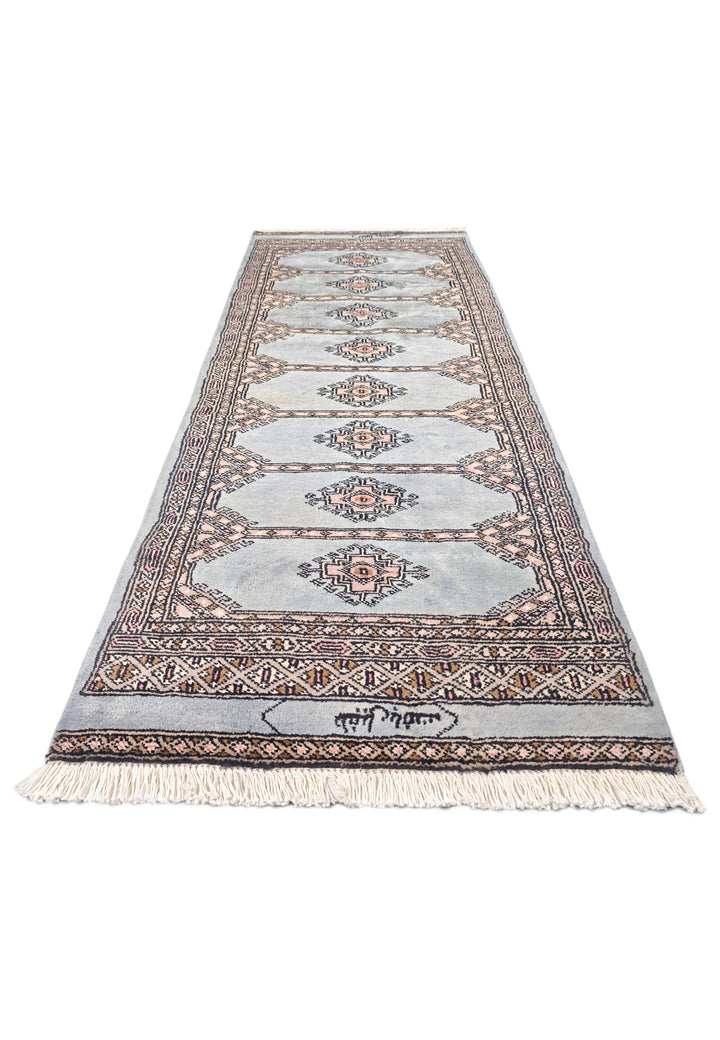 Dusty Blue and Peach Jaldar Diamond Medallion, Hand-Knotted Wool Rug