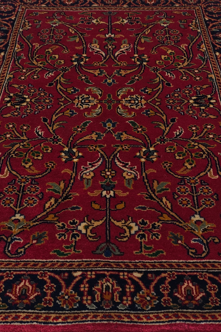 Oxblood and Navy Hereke Floral, Hand-Knotted Wool Rug