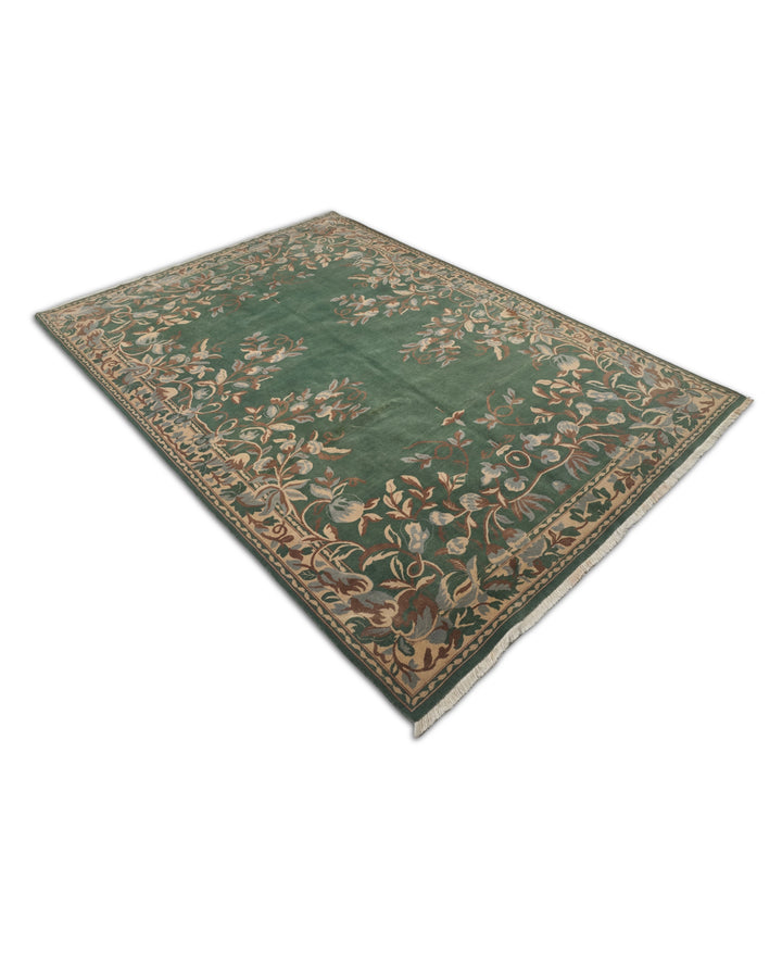 Green and Camel Gol Farang Floral, Hand-Knotted Wool Rug