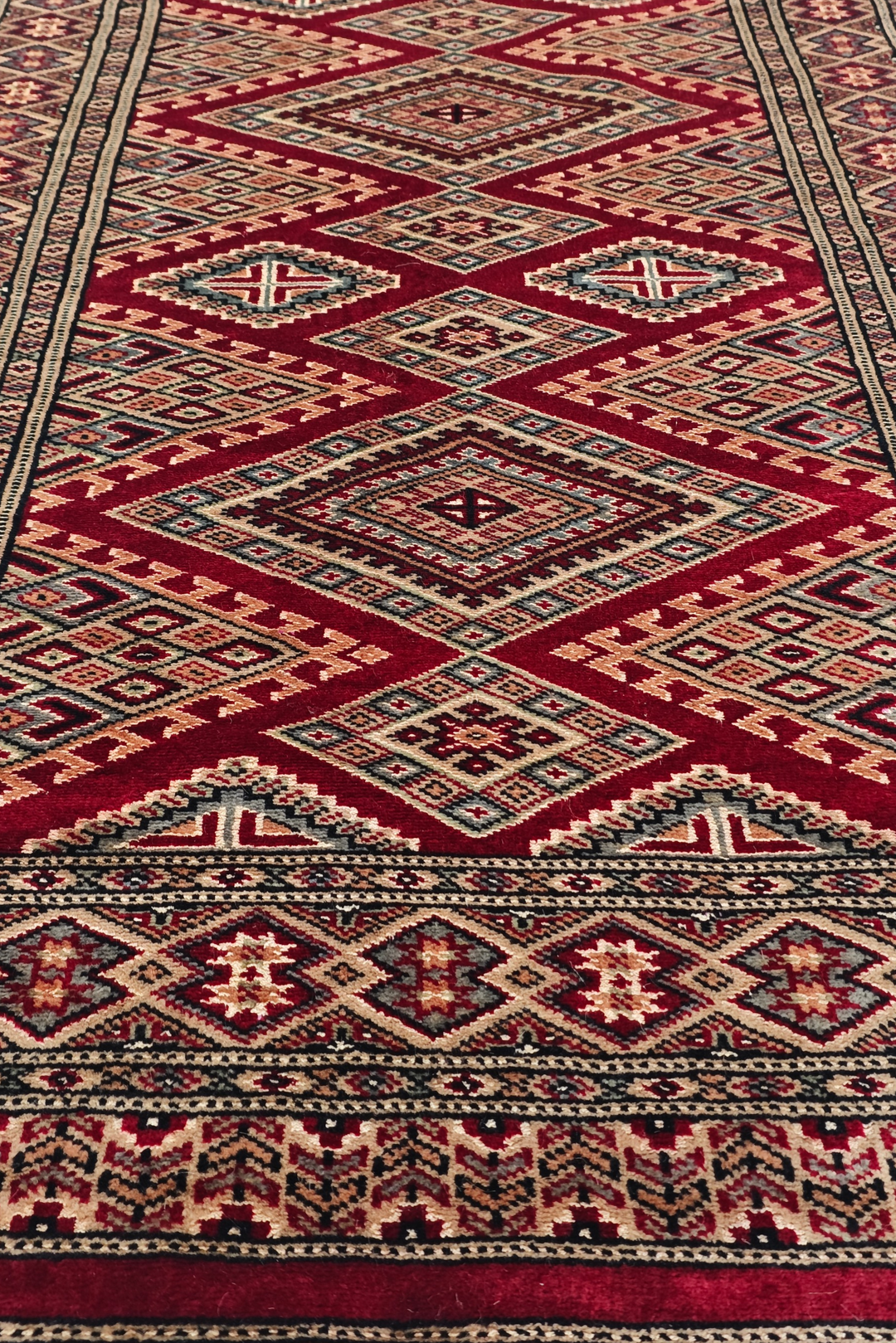 Wine and Cream Jaldar Lattice, Hand-Knotted Wool and Silk Rug