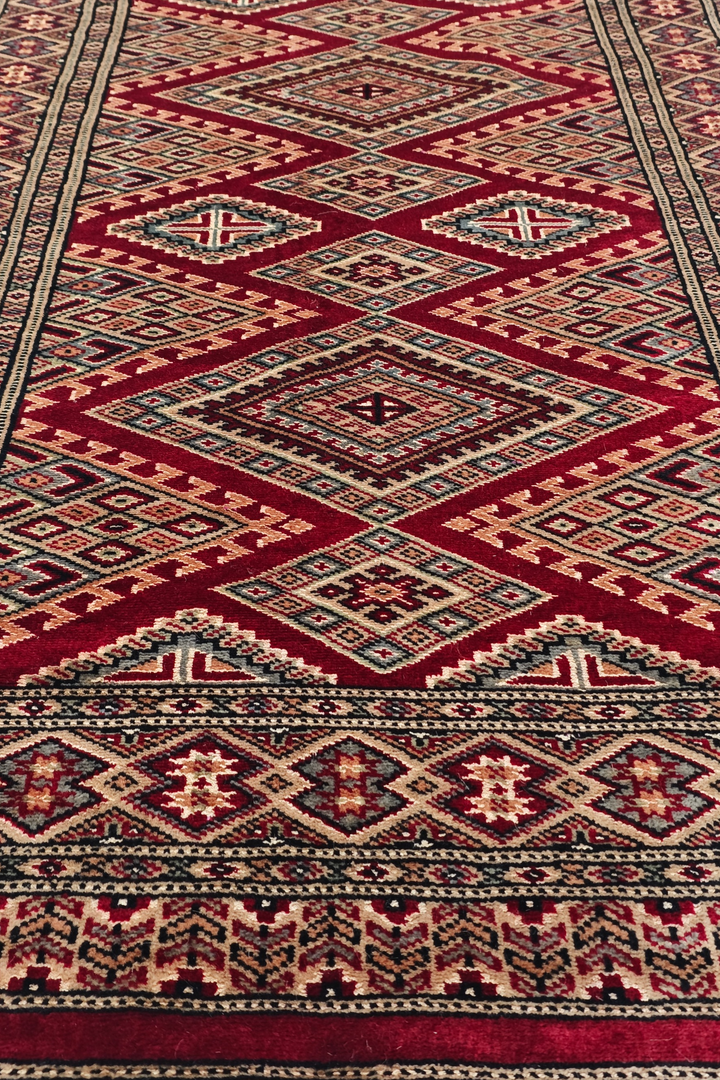 Wine and Cream Jaldar Lattice, Hand-Knotted Wool and Silk Rug