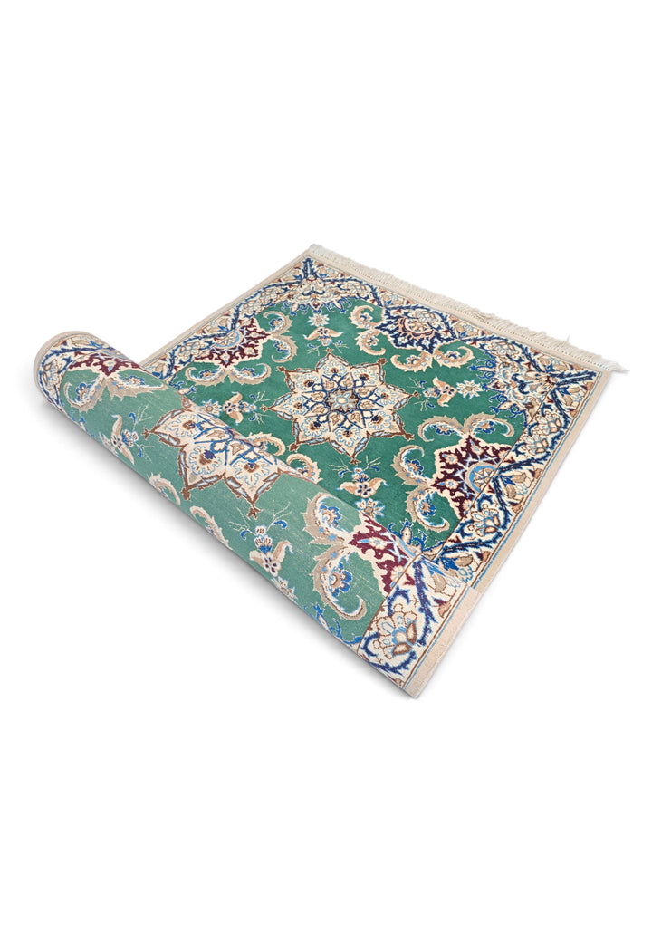 Teal and Ivory Star Medallion Nain, Hand-Knotted Wool Rug