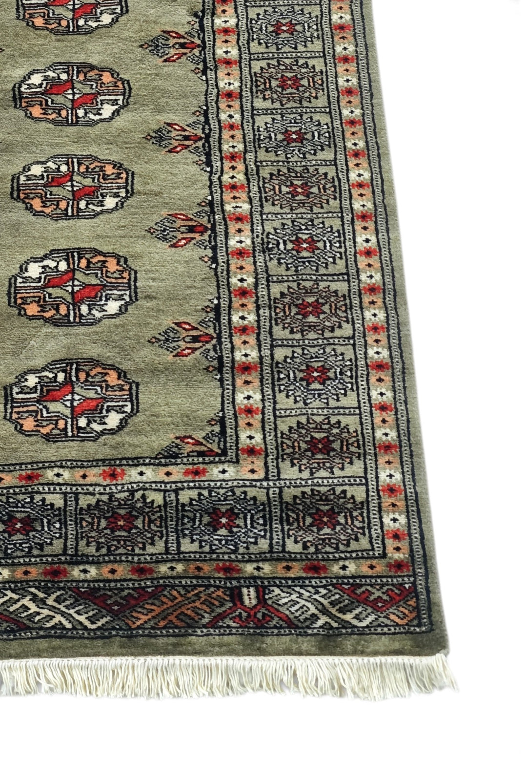 Olive and Peach Turkmen Gül Bokhara, Hand-Knotted Wool Rug
