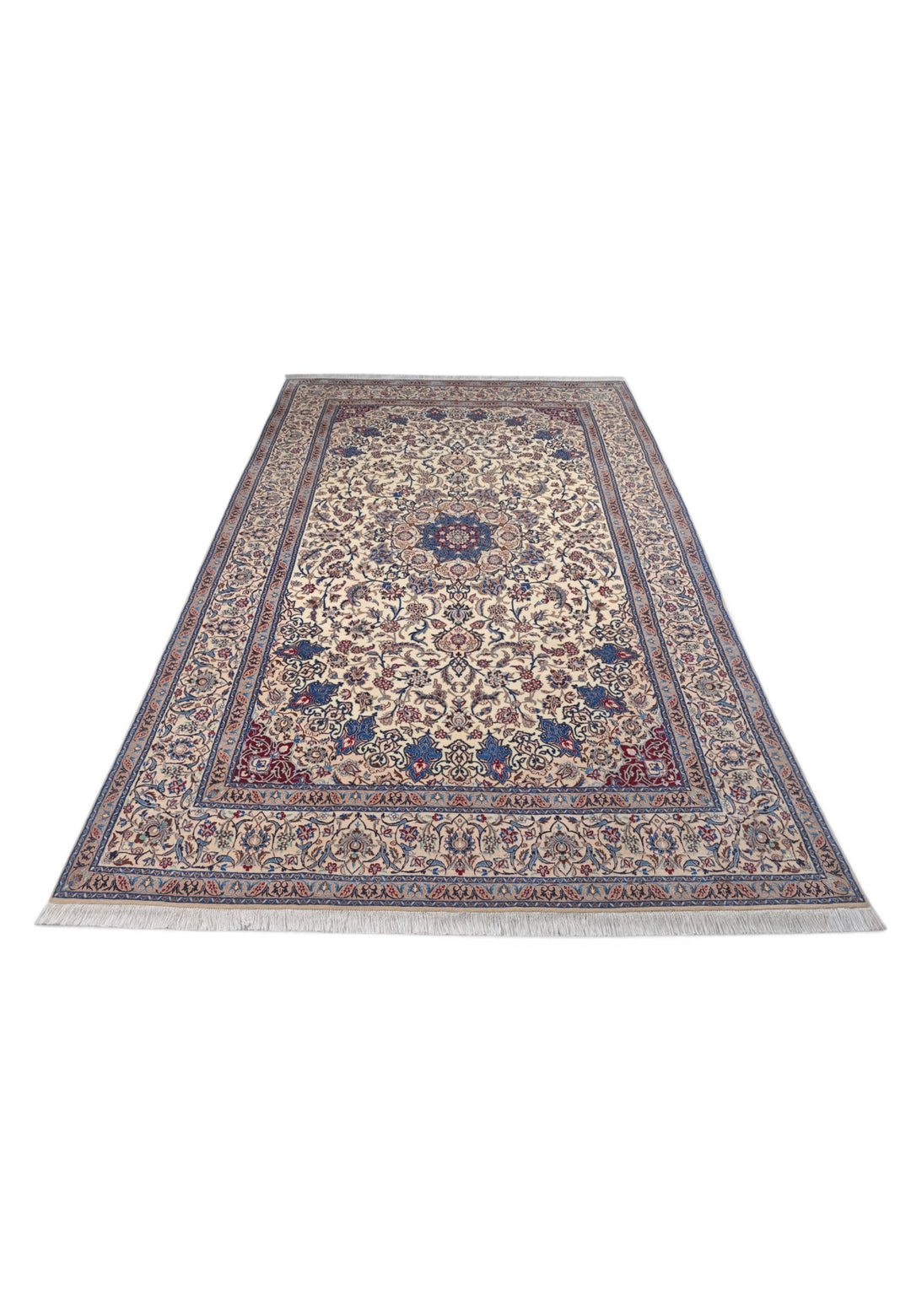 Ivory and Blue Star Medallion Nain, Hand-Knotted Wool Rug