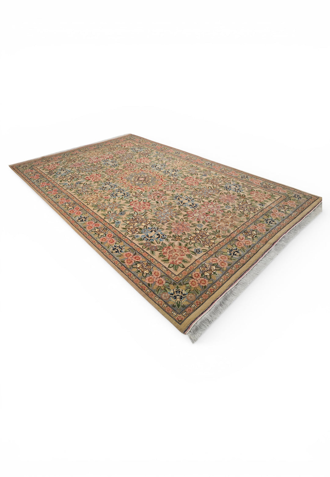 Camel and Pink Rose Floral, Hand-Knotted Wool Rug