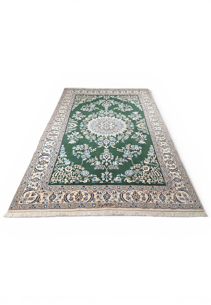 Forest-Green Medallion Persian Nain, Hand-Knotted Wool Rug