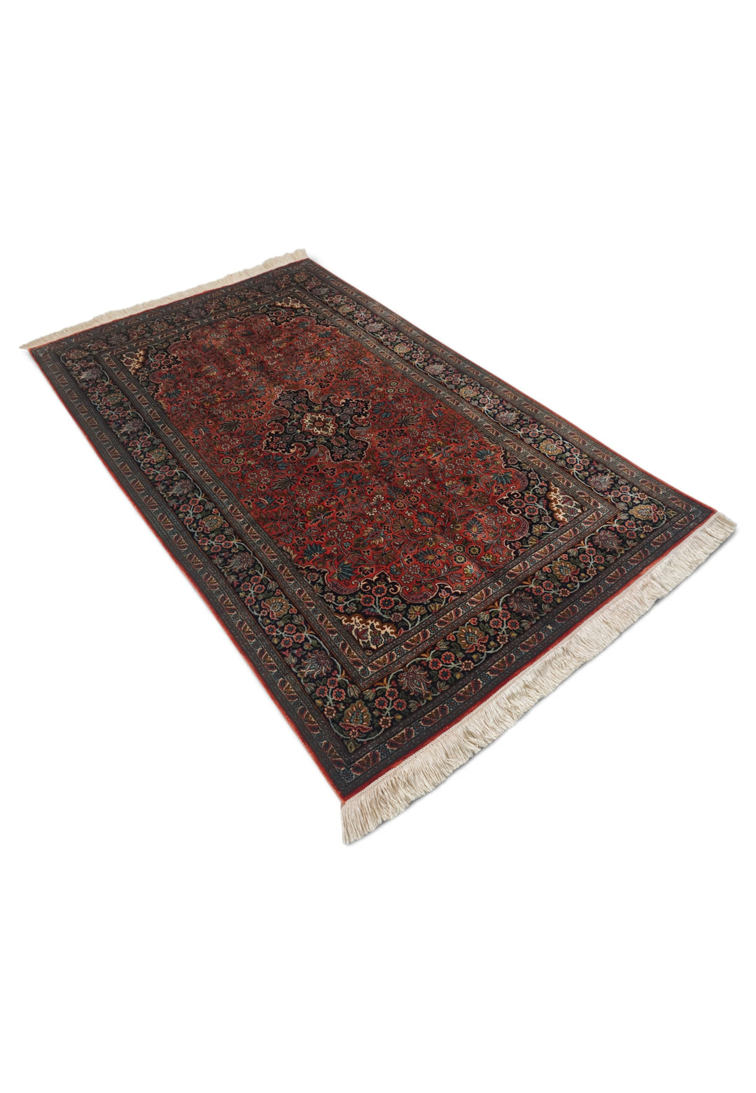 Deep Red and Navy Cloudband Medallion, Hand-Knotted Silk Rug