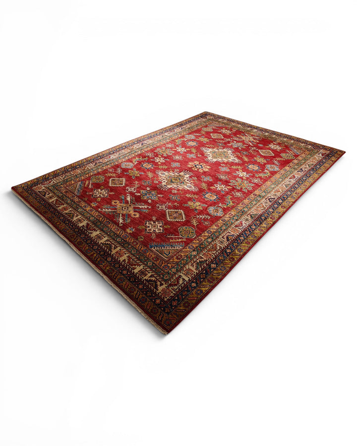 Red &amp; Gold Tribal Kazak Rug, Hand-Knotted Afghan Wool