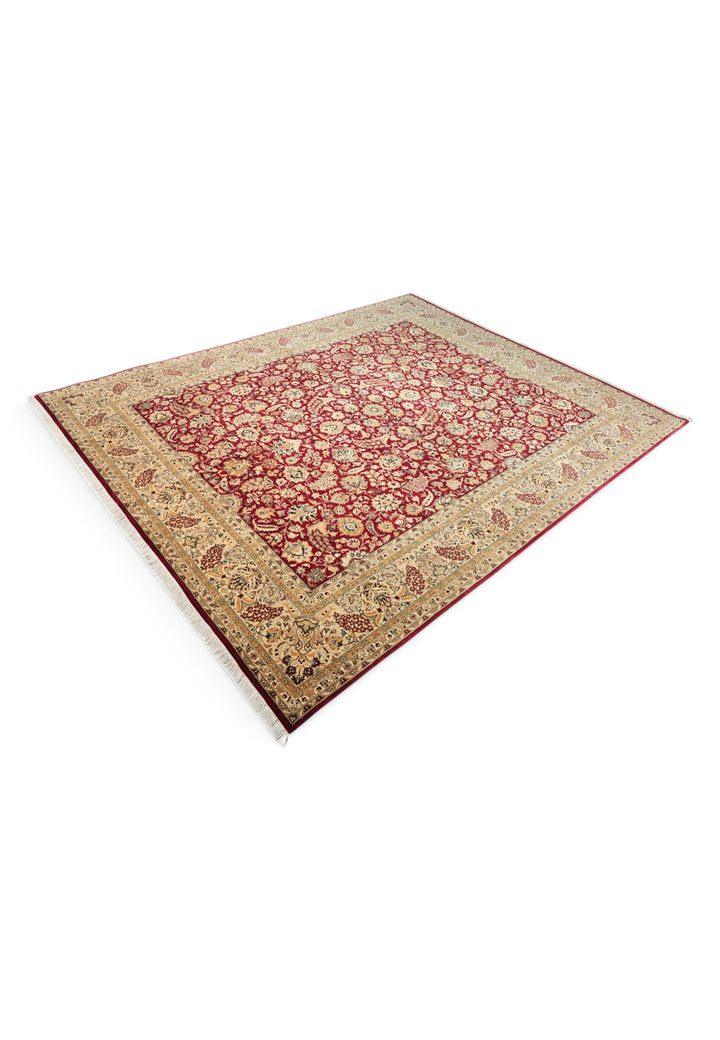 Burgundy and Camel Shah Abbasi Floral, Hand-Knotted Wool Rug