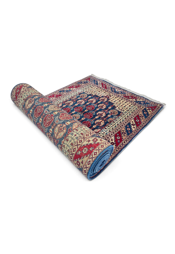 Navy and Cream Hereke Floral, Hand-Knotted Wool Rug