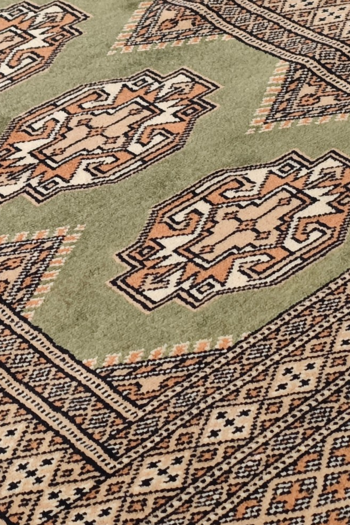 Olive Green and Beige Yamoud Rug, Hand-Knotted Wool