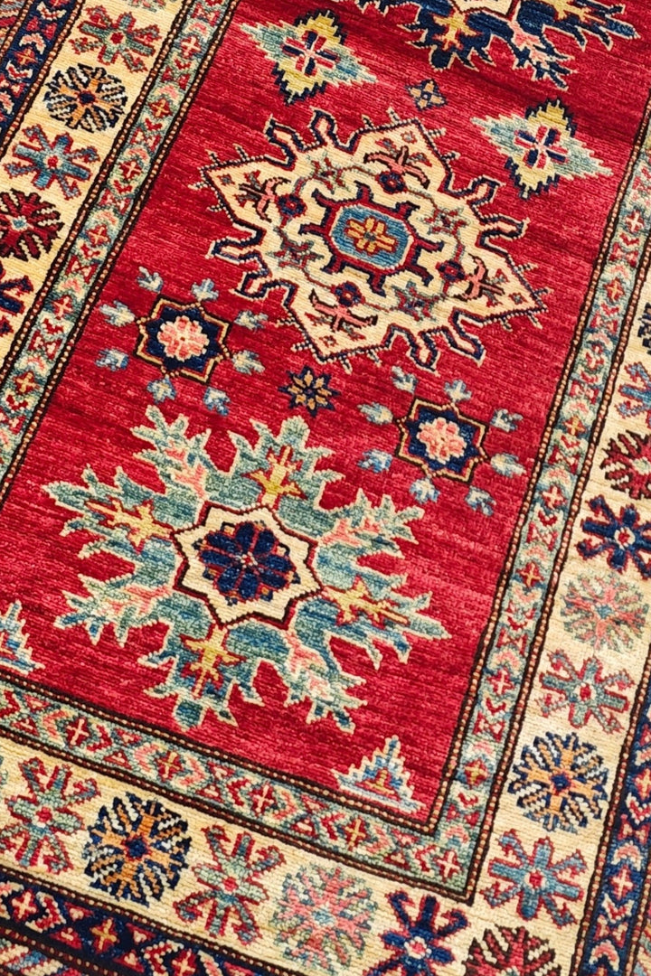 Red and Cream Serrated Star Kazak, Hand-Knotted Wool Rug