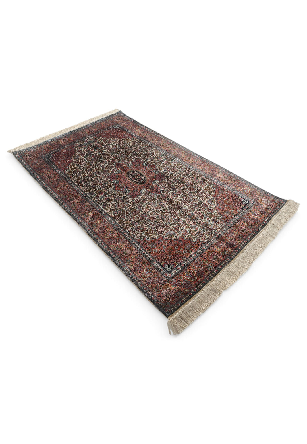 Cream and Rust Lobed Medallion, Hand-Knotted Silk Rug