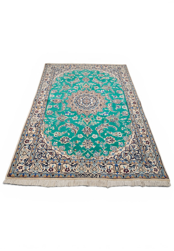 Emerald-Green Medallion Persian Nain, Hand-Knotted Wool Rug
