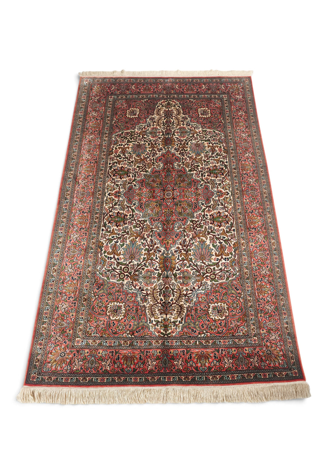 Ivory and Rose Lotus Palmette Medallion, Hand-Knotted Silk Rug