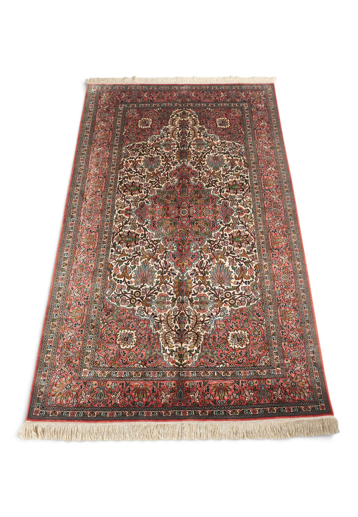 Ivory and Rose Lotus Palmette Medallion, Hand-Knotted Silk Rug